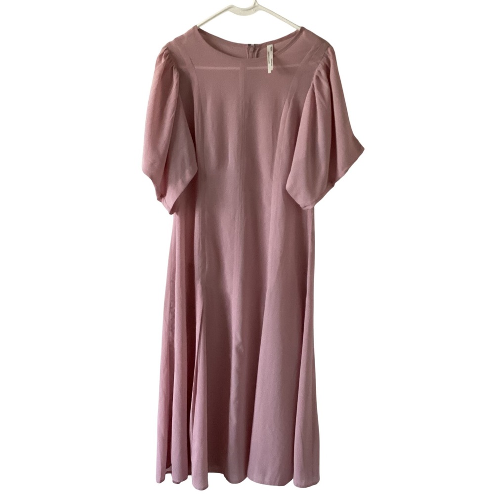 Anthropologie Pink Modern Sheer Midi Dress Puff Sleeve Size UK 14 US‎ 10
